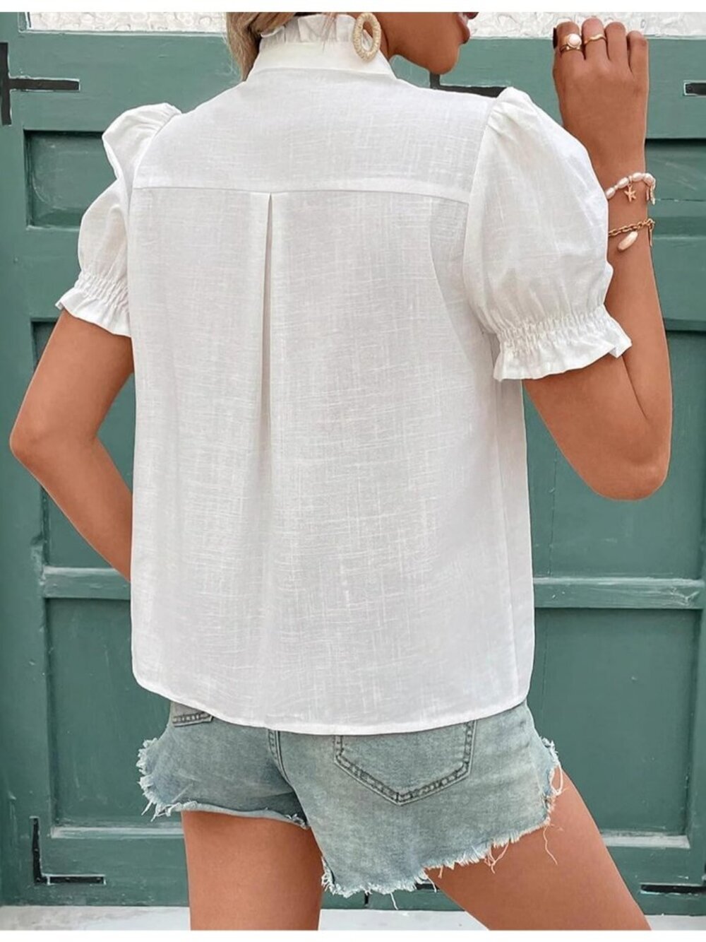 Women's Summer Top Ruffle V Neck Navy White Puff Short Sleeve Button Down Blouse - Picture 6 of 7
